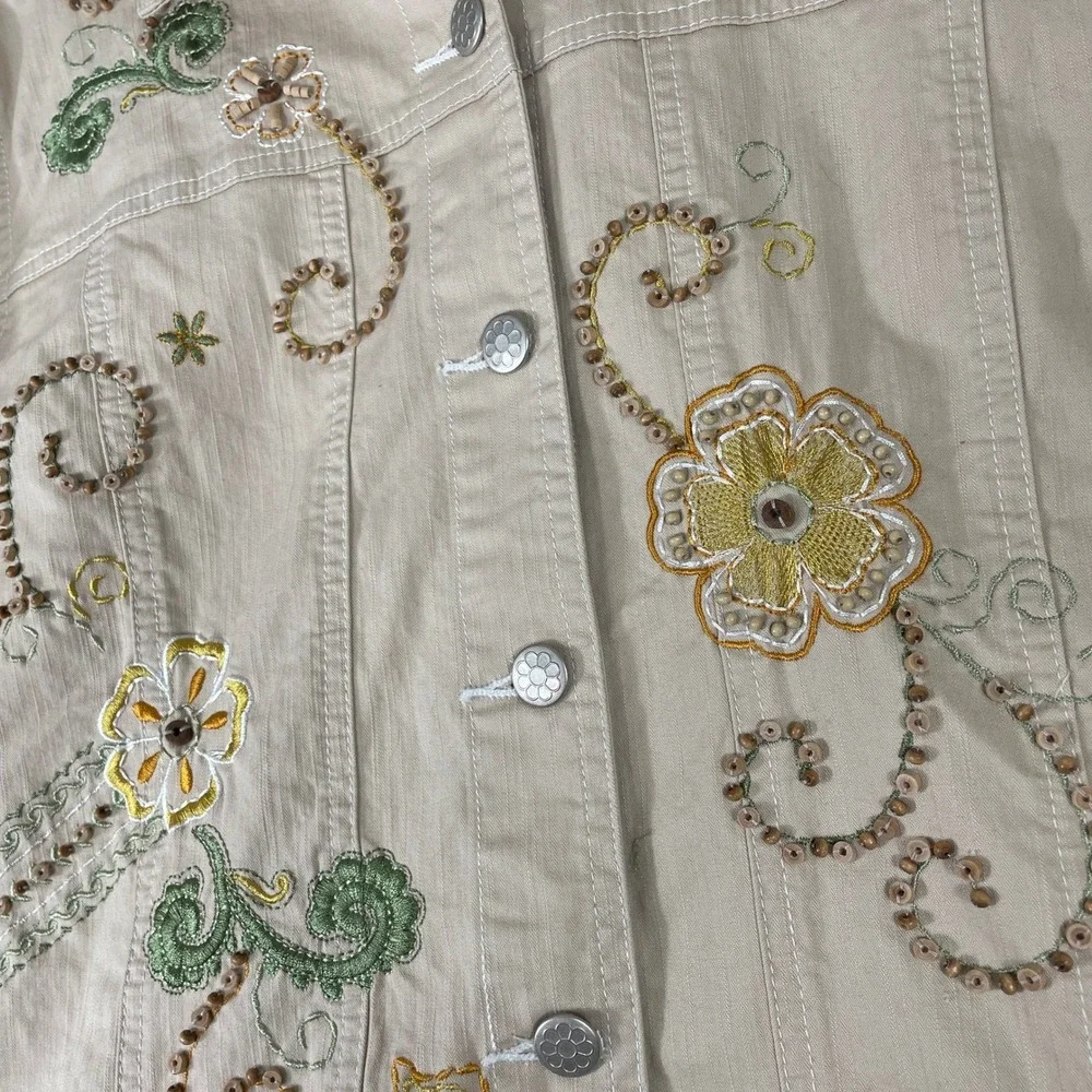 Graff Denim Jacket Womens Medium Tan Floral Embroidered Beaded Boho Art to Wear - Picture 3 of 8